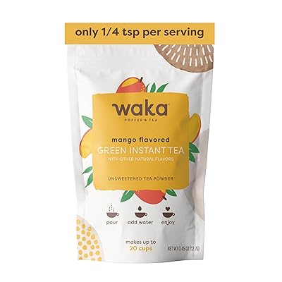 Waka Instant Green Tea Mix, Mango Flavored - 100% Tea Leaves, No Additives, Unsweetened SampleTravel Size Tea Powder - Easy Quick Hot and Iced Teas, Up to 20 Cups or 5 Quarts .45oz