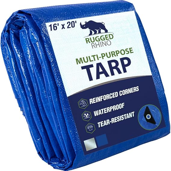 RUGGED RHINO Heavy Duty Waterproof Tarp, Reinforced Corners 1 Pk 16x20 Blue