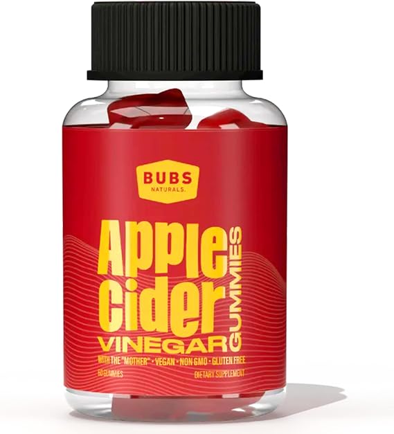 BUBS Naturals Apple Cider Vinegar Gummies with The Mother, All Natural Vegan ACV Gummy Vitamins, Supports Detox, Digestion & Energy Booster with B Vitamins, 60 Count