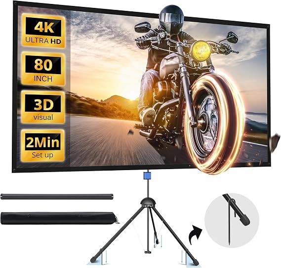 Projector Screen with Stand, Paris RHONE 80-inch Outdoor Indoor Projector Screen 16:9 4K HD PVC, 1.5 Gain Portable Wrinkle-Free Movie Screen for Home Backyard Theater with Carry Bag, Ground Nails