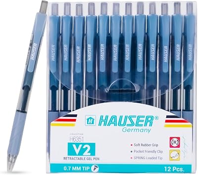 HAUSER V2 Gel Pen, Black Ink, 0.7 mm Tip Smooth Writing, Retractable Design, Soft Rubber Grip, Pocket-Friendly Clip, 12 Pc Set for Office & School Use