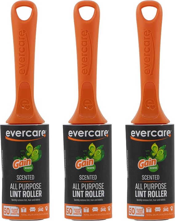 Evercare Gain Scented All-Purpose Lint Roller Brushes with 50 Sheets, Pack of 3 Manual Refillable Lint Rollers with Gain Scent (150 Sheets Total)