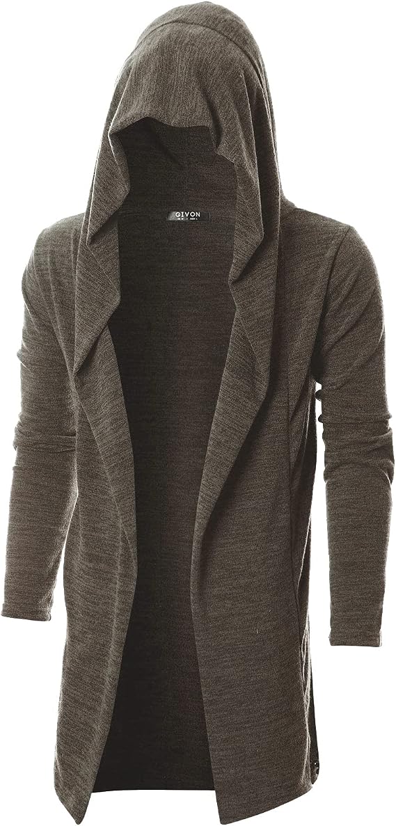 GIVON Men's Long Hooded Shawl Cardigan Open Front Gothic Cloak with Drape Design Shawl Collar