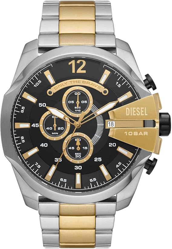 Diesel Mega Chief Watch for Men, Stainless Steel Chronograph Men's Watch, Color: Silver/Gold