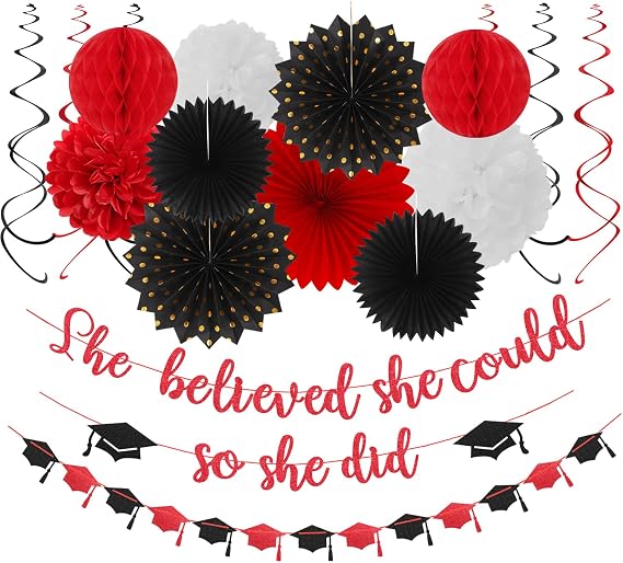 Red-Black White Party-Decorations Graduation Banner-Streamers - 18pcs Kits 2026 Congratulations Grad She Believed She Could So She Did Garland,Paper Tissue Pom Poms Fan,Honeycomb Lanterns Panduola