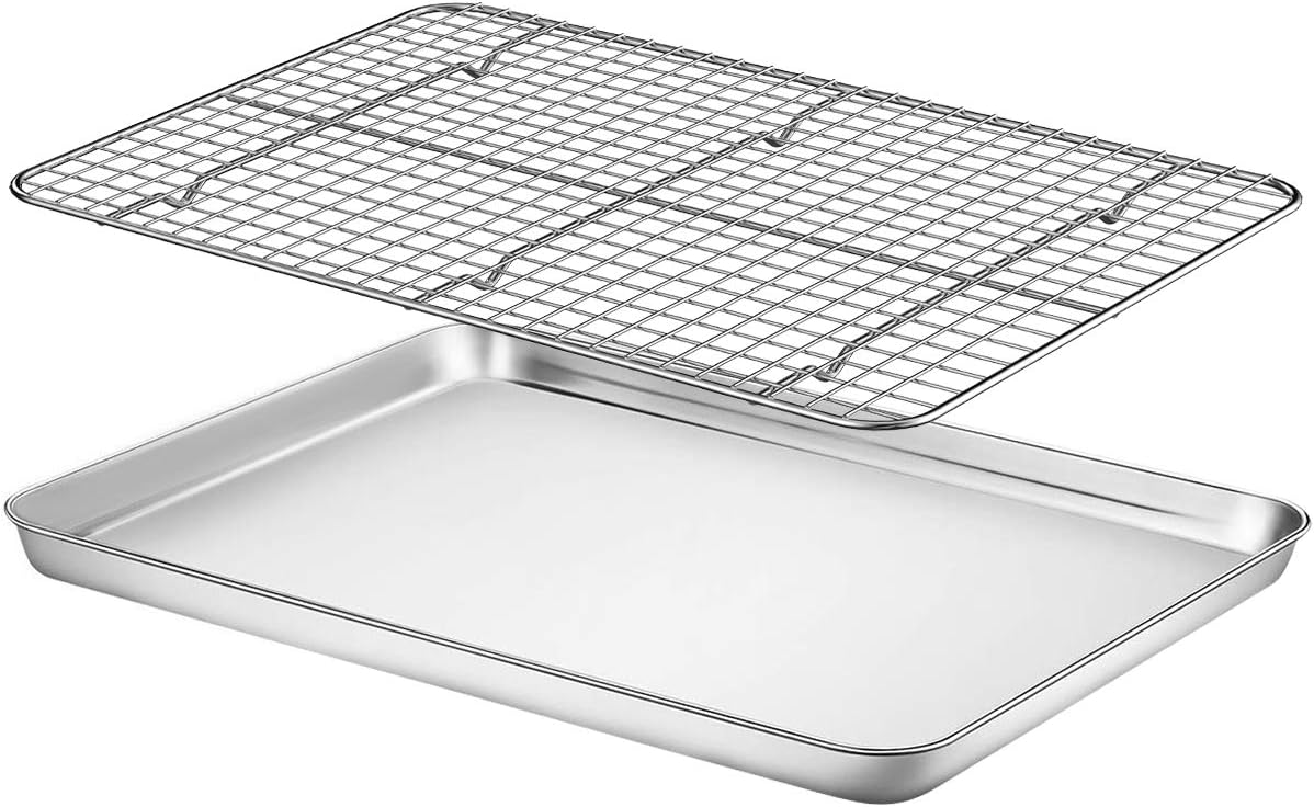 Baking Sheet with Rack Set - Fungun 9 inch Stainless Steel Heavy-Duty Cookie Half Sheets Oven Tray for Baking with Oven Safe BakingCooling Rack