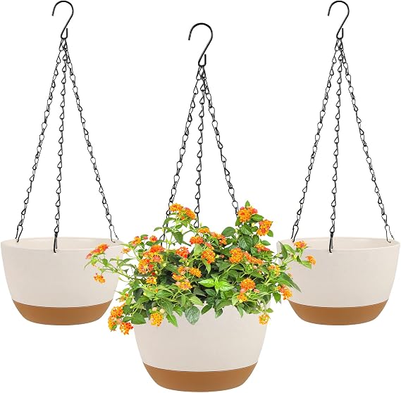 LIYDE 3 Pack Hanging Planters, 8 Inch Small Hanging Pots Self Watering Hanging Planters for Indoor Plants with Drainage Holes and Removable Tray Hanging Basket (Natural White)