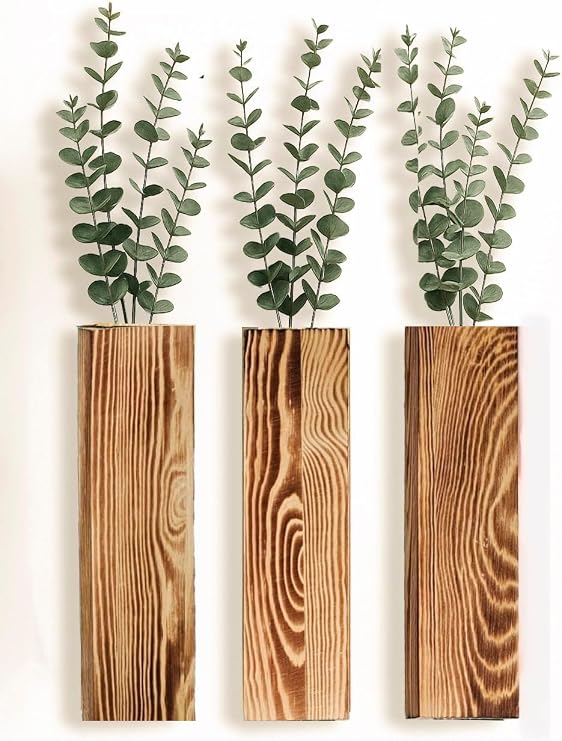 Wall Vases Set of 3 with Artificial Plants Wooden Hanging Planter Vases for Farmhouse, Modern & Rustic Home Decor Living Room, Bedroom, Kitchen, Office Decoration with Faux Greenery