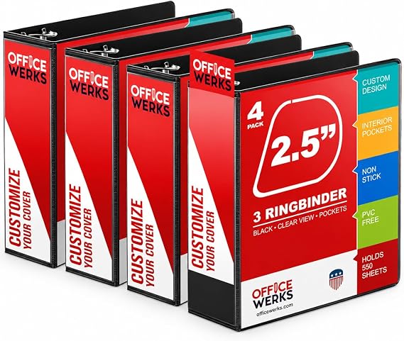 Performore 3 Ring Binder, Professional Angle D 2.5 Inch, Presentation Folder for Standard Pages 8.5 x 11 with Pockets, Crystal Clear View Black Binder (4 Pack)