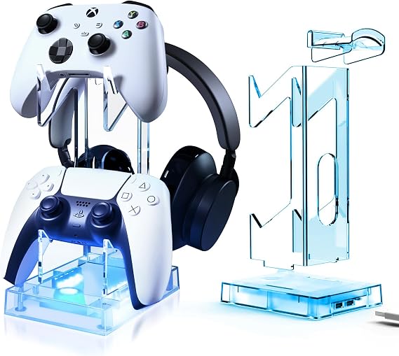 Joso Controller Holder with RGB Light, 2 Tier Acrylic Gaming Controller Stand for PS5/PS4/PS Portal/Xbox/Switch, Gaming Headset Gamepad Stand Accessories for Desktop Gamer, Universal Design