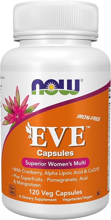 NOW Foods Supplements, EveTM Women's Multivitamin with Cranberry, Alpha Lipoic Acid and CoQ10, plus Superfruits - Pomegranate, Acai & Mangosteen, Iron-Free, 120 Veg Capsules