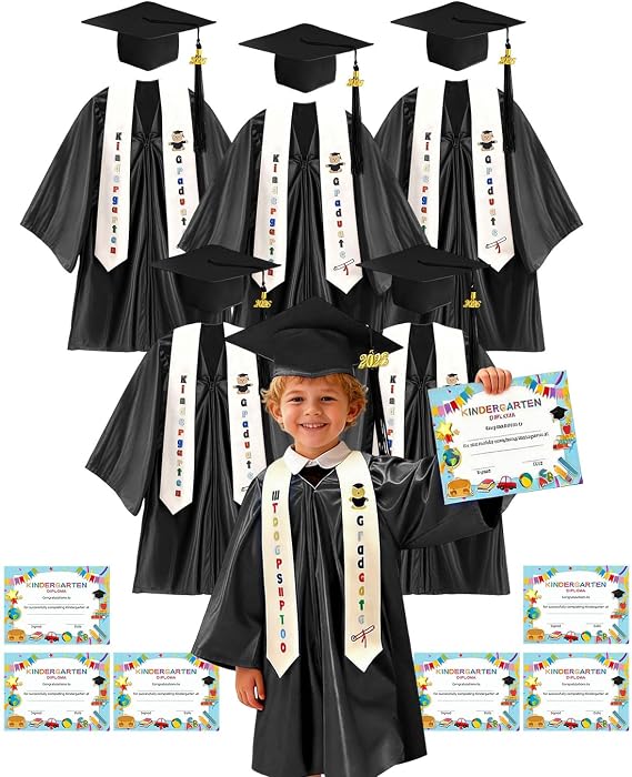 6 Set Shiny Kindergarten Graduation Cap and Gown Set with Stole, 2026 Tassel and Diploma Certificate, Pre-K Graduation Robe