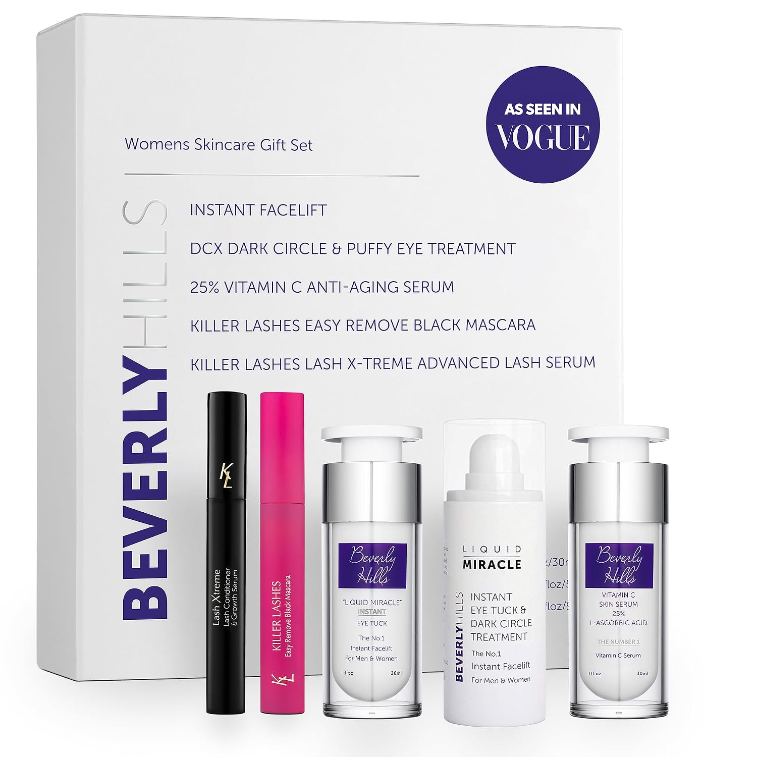 Skin Care Set for Women - Instant Facelift, Anti Aging Face Serum, Eye Cream for Dark Circles, Eyelash Serum, and Black Mascara