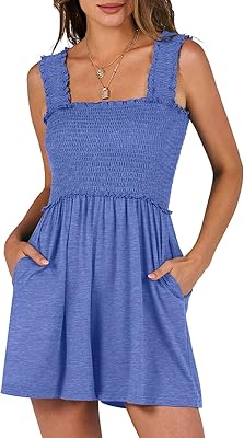 Caracilia Womens Summer Casual Smocked Rompers Square Neck Sleeveless Loose Shorts Jumpsuit 2026 Beach Vacation Outfits