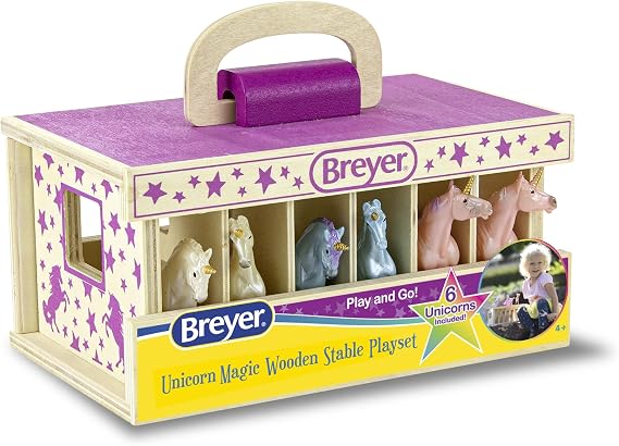 Breyer Unicorn Magic Wood Carry Stable with 6 Unicorns 59218, Multicolor