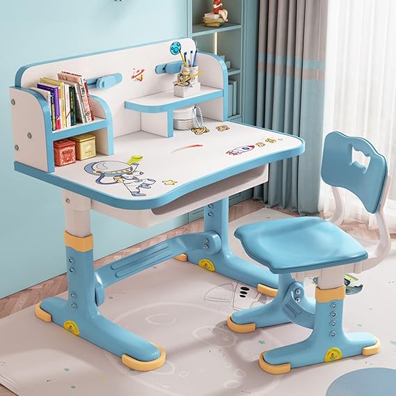 Height Adjustable Kids Desk and Chair Set, Kids Desk and Chair Set | Children Functional Desk, Study Table for Boys Girls School Study Table for Writing Reading Blue