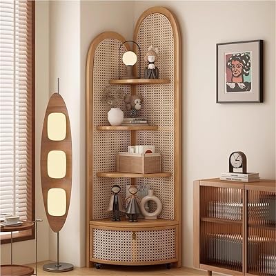 5 Tier Corner Shelf with Pulley, Rattan Bookshelf, Standing Shelf Organizer with Storage Basket, Minimalist Corner Display for Living Room, Bedroom, OfficeKhaki