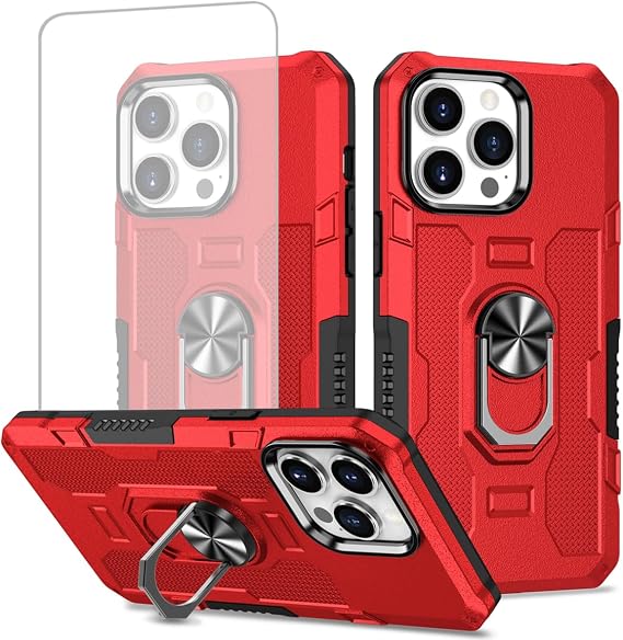 Ueokeird Case for iPhone 15 Pro Max Case, Apple 15 Pro Max Case with Tempered Glass Screen Protector, Heavy Duty Protection with Metal Ring Magnetic Kickstand Phone Cover for iPhone 15 Pro Max Red