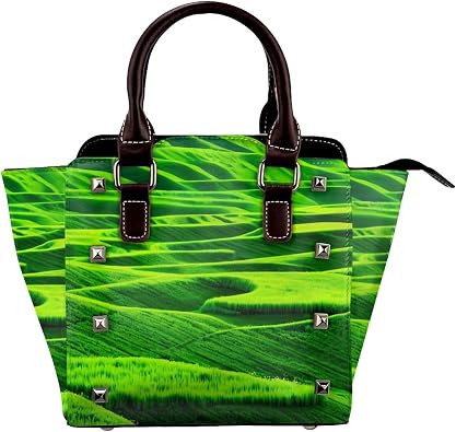 PU Leather Rivet Shoulder Bag for Women,Verdant Vistas Print Women's Crossbody Handbag Purse Adjustable & Removable Strap Small Tote Bags