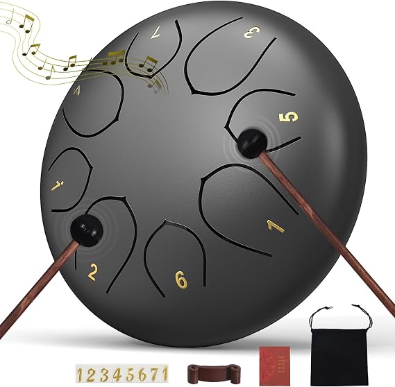 Rain Drum for Outside Garden, 6 Inches 8 Notes Steel Tongue Chakra Drums, Waterproof Echo Rain Chime Meditation Drums, Musical Instruments for Adult Gift with Bag, Music Book, Drum Mallets (Black)