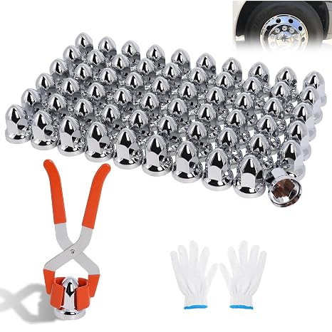 Podoy 60 Pack Lug Nut Covers, 33mm x 2-3/8", Push-On Bullet Style Chrome Wheel Nut Caps for Semi Trucks, Secure ABS Plastic, Wont Fall Off, Rust-Proof with Removal Tool