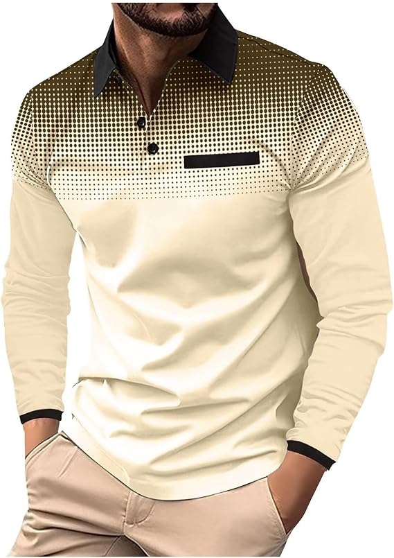 Men's Polo Shirts Long Sleeve 2025 Casual Polo T-Shirts Color Block Slim Fit Golf Polo Shirt with Pocket