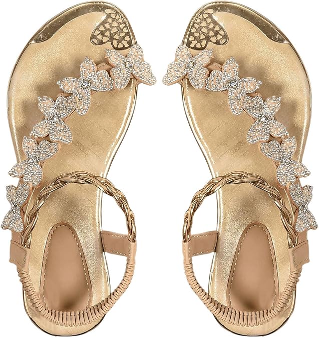 GORGLITTER Women's Butterfly Sparkly Sandals Dressy Strappy Flat Sandals