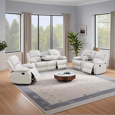 Leather Reclining Sofa Set for Living Room, 3 Piece Manual Recliner Couch Sets, Home Theater Seating with Cup Holder, Storage Console for Small SpaceWhite Linen,Sofa, Loveseat and Chair