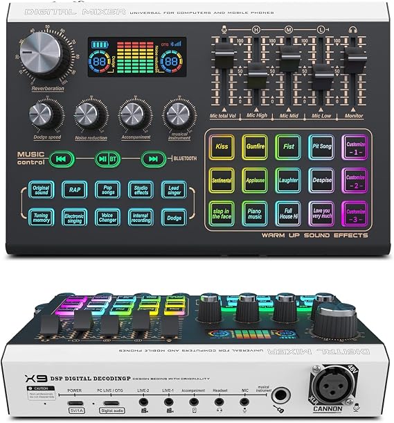 XTUGA X9 Audio Interface Rechargable Podcast RGB Mixer with 4 Voice Changer