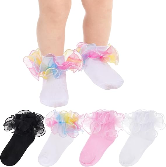 Topbuti 4 Pairs Baby Girls Ruffle Socks Double Lace Frilly Turn Cuff Cotton Dress Socks for Toddler Kids