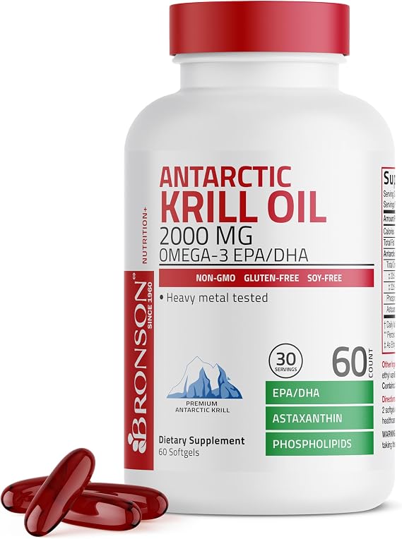 Bronson Antarctic Krill Oil 2000 mg with Omega-3s, 60 Softgels | Heavy Metal Tested, with EPA, DHA, Astaxanthin and Phospholipids, Non-GMO, Gluten Free, Soy Free