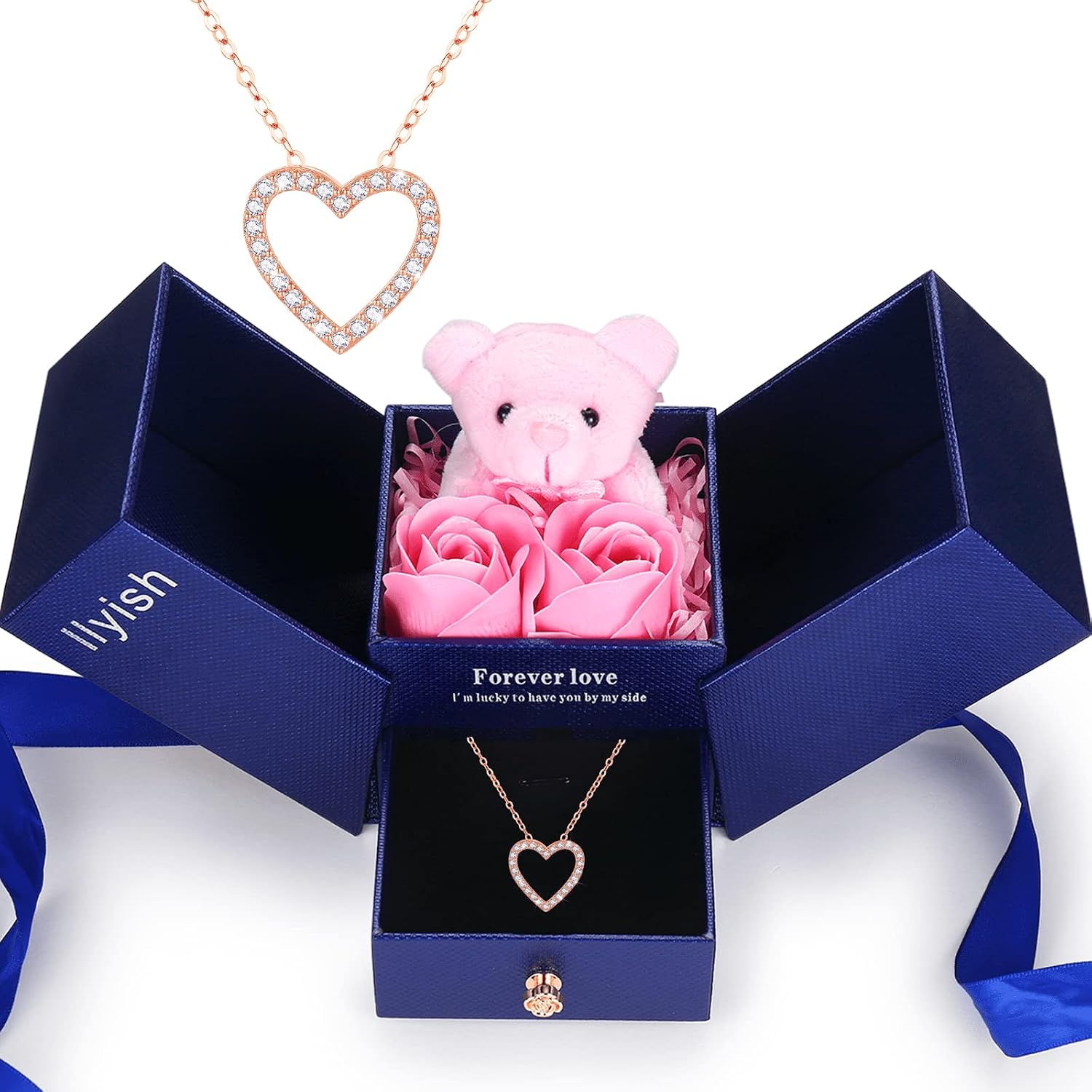 Birthday Women Gifts Artificial Rose Flowers Bear Gifts Box with Heart Necklaces for Her Mom Girlfriend Wife on Anniversary Mothers Day Valentines Day