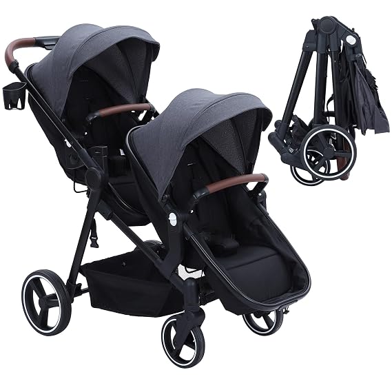 Tandem Double Stroller for Newborn and Toddler Twins, Foldable Twin Stroller with Reversible Seats, Adjustable Canopy & Backrest, 5-Point Harness, Large Storage Basket, One-Hand Fold,Dark Grey