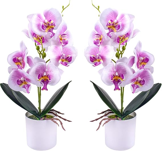 XONOR Artificial Orchid Flowers, 2 Pieces Potted Orchid Flowers with Plastic Vase for Table Centerpiece Home Decor Office Wedding Party Decoration