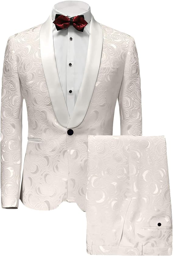 Wemaliyzd Men's 2 Pcs Suit Shawl Lapel Classic Patterned Wedding Blazer Separate Pants(Ivory,52R)
