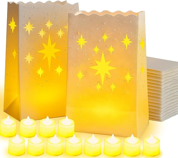 Waterproof 30-Pack Luminaria Bags with LED Candles Reusable White Plastic Luminaries for Outdoor, Christmas, Wedding & Party Decorations