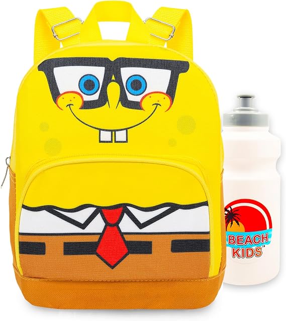 Spongebob Mini Backpack - 10" Exclusive Woven Small Backpack with Front Pocket and Bottle Bundle | Adjusts to Fit Adults, Teens, Kids