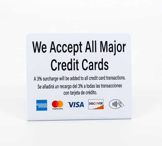 3pk Credit Card Payment Signs, Bilingual 3% Surcharge Notice English and Spanish, Countertop Display with Major Credit Card Logos and Contactless Icon, Business Credit Card Payment Signs