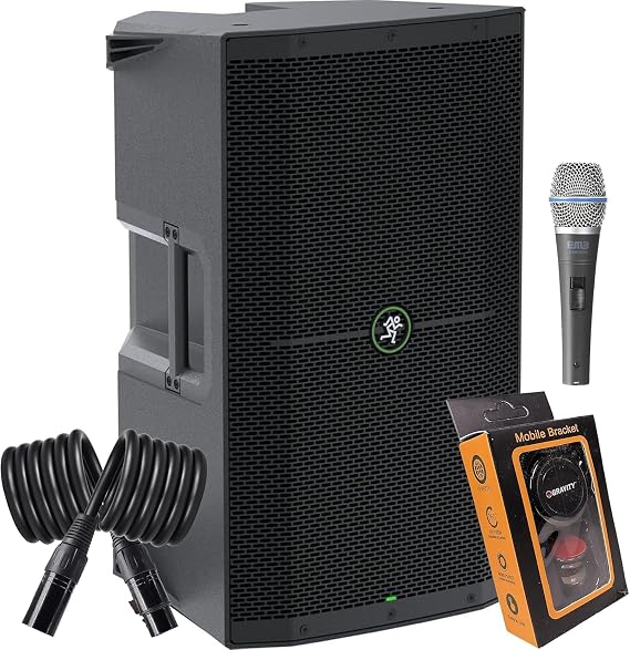 (1) Mackie Thump212 1,400-watt 12-inch Powered Speaker with Feedback Eliminator, Music Ducking, and Dual TRS/XLR Inputs Bundle with EMB XLR, Microphone and Gravity Magnet Package