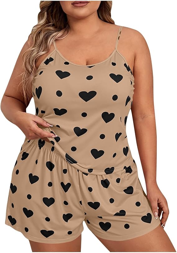 wodceeke Women's Plus Size Pajamas Sets Love Printed Cami Tops and Shorts Pjs Sets 2 Piece Summer Nightwear for Sleeping
