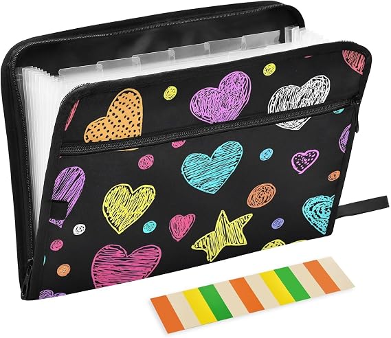 13 Pocket Expanding File Folder Zipper Accordion File Folder Expandable Folder with Customized Labels Document Organizer for School Kids Office Paper Organizer Colorful Heart