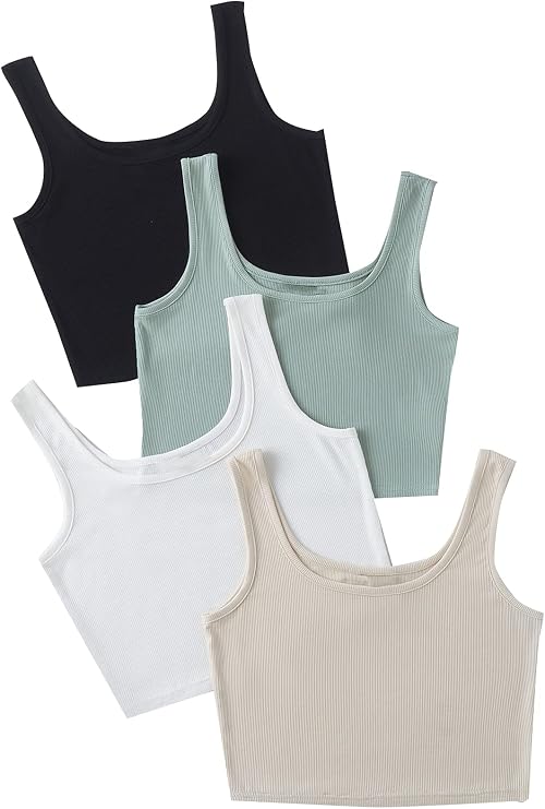 SheIn Women's 4 Pieces Scoop Neck Crop Tops Sleeveless Ribbed Knit Casual Cami Tank Top