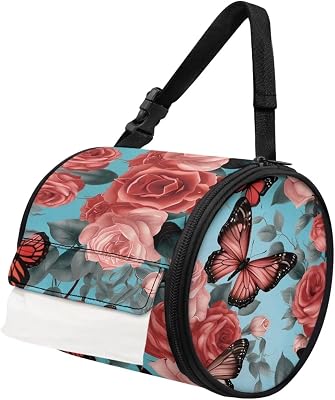 Blue Rose Outdoor Paper Towel Holder Waterproof Toilet Paper Holder Butterfly with Storage Hanging Paper Towel Vintage Style with Adjustable Strap for Kitchen Travel Camping