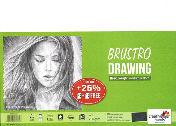 Brustro Drawing Paper A3 Size, Jumbo Pack, 200 GSM, 40 + 10 Free Sheets