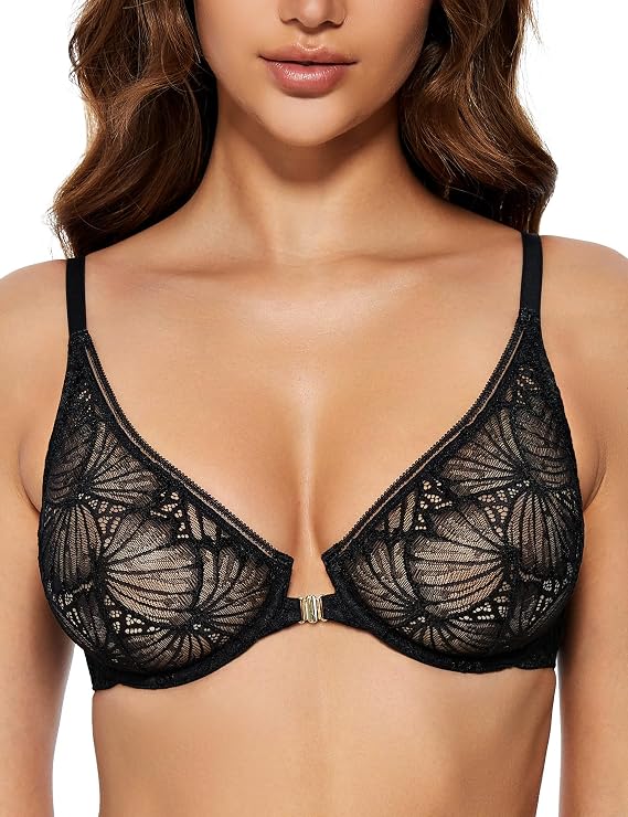 Wingslove Women's Front Closure Lace Bra Sexy Deep V Unlined Mesh Balconette See Through Underwire Bra for Everyday Wear