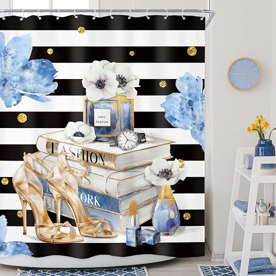 Black White Stripes Blue Gold Floral Bathroom Shower Curtain Set | 60"W x 72"L shower curtain, Magazine Book: HD waterproof print, quick-dry cloth, free hooks for easy installation.