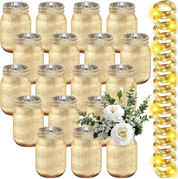 Tioncy 12 Set Decorative Mason Jar with Light for Table Centerpiece, Gold