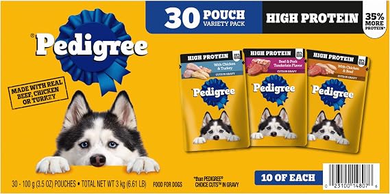 Pedigree High Protein Wet Dog Food Pouches, Variety Pack, 3.5 oz, 30 Count