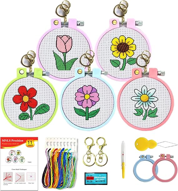 Zhenqing 5 Patterns Mini Cross Stitch Keychain Kit, DIY Flower Embroidery Keychain Set with Dual-Function Hoops, Pre-Printed Fabric & Complete Tools for Beginners(70649)