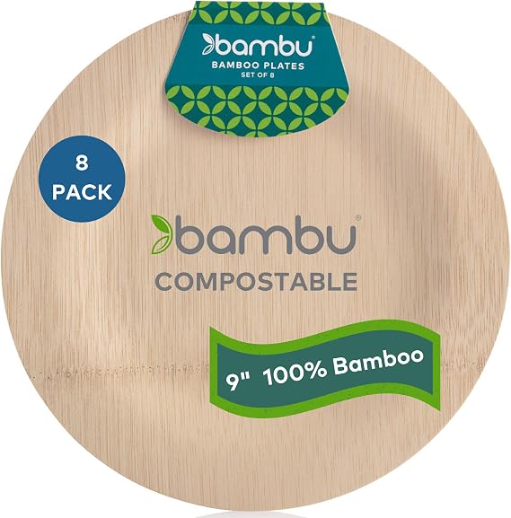 Bambu Pack of 8 - 9 Inch Disposable Bamboo Plates Round, Biodegradable Eco Friendly Products, Bamboo Disposable Plates for Events, Compostable Plates